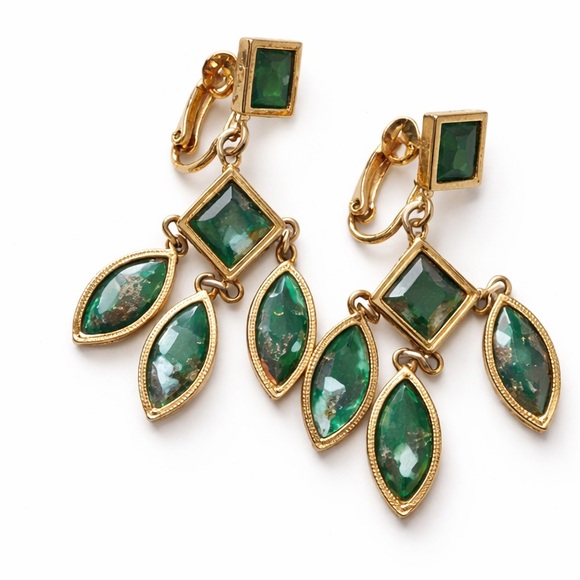 Vintage Jewelry - Vintage Gold-Tone Earrings with Deep Green Glass Stones